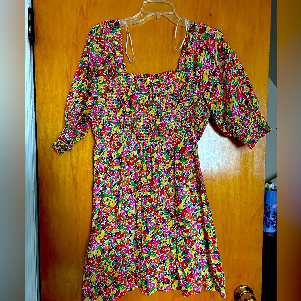 Rixo for target smocked sleeve dress in rainbow floral print